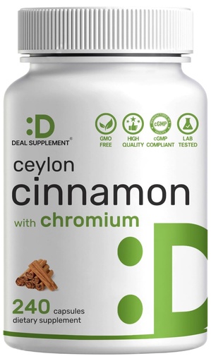 [BRSWYZQTPIPQK234] Ceylon Cinnamon with Chromium 1000mcg, 240 Capsules | Active Inner Bark Extract, True Sri Lanka Source | Natural Cinnamon Supplements