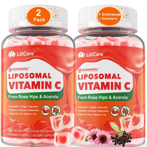 [BRSRAFABOV6WY3L4] Natural Liposomal Vitamin C Gummies for Adults Kids 9+, Chewable Vitamin C w/ 11mg Zinc, D3, Elderberry, Echinacea, Bioflavonoid,Immune Support, Whole Food VIT C from Fruits, Sugar Free, 2Pack