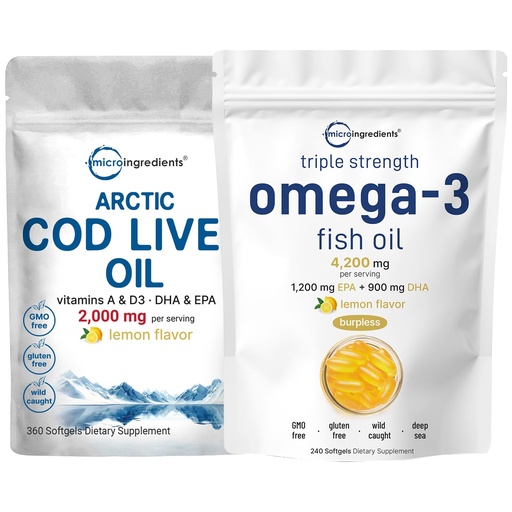 [BRSRAFADBAORA2QU] Triple Strength Omega 3 Fish Oil Supplements 4200mg Per Serving & Cod Liver Oil 2,000mg Per Serving, 360 Softgels | Lemon Flavored – Burpless – Wild Caught – Arctic Deep Sea Fish
