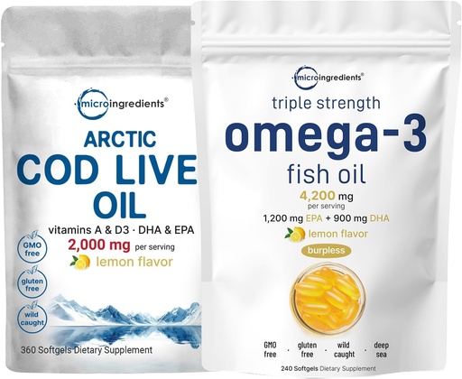 [BRSRAFADBAORA2QU] Triple Strength Omega 3 Fish Oil Supplements 4200mg Per Serving & Cod Liver Oil 2,000mg Per Serving, 360 Softgels | Lemon Flavored – Burpless – Wild Caught – Arctic Deep Sea Fish