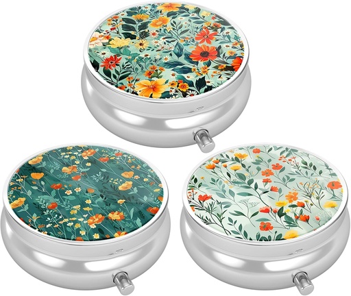 [BRSRAZINCAOWA2DK] 3 Pack Pill Box, Small Pill Case for Purse & Pocket, Cute Travel Medicine Organizer, Portable Medicine Container Holder to Hold Vitamins, Medication, Fish Oil & Supplement, Pretty Flowers