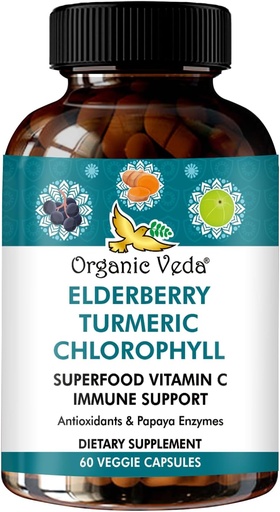 [BRSROCQZBMBGKFD5] Organic Veda Elderberry Turmeric Chlorophyll Immune Support Supplement - Superfoods Antioxidants, Green Vitamin C, Grape Seed Extract, Acerola, Moringa & Papaya Enzymes - 60 Vegan Capsules