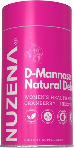 [BRSW2GQRBAAR62DZ] Nuzena D-Mannose + 1000mg with Cranberry 150mg, Pack of 60 Natural Defense Urinary Tract Support Capsules with Hibiscus Flower 100mg and Dandelion Root 100mg Per Serving of 2 Capsules