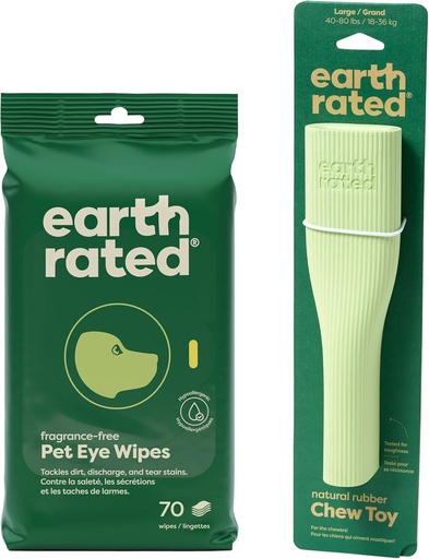 [BRSRAFIBCQOR63IV] Earth Rated Clean & Calm Bundle - Includes 70 Fragrance-Free Pet Eye Wipes & 1 Large Enrichment Toy