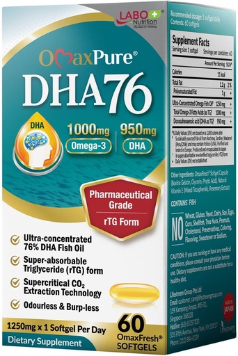 [BRSW2HQFCEMAGCL2] LABO Nutrition OmaxPure DHA76 Omega 3 Fish Oil, Ultra-Concentrated 76% 950mg DHA, EPA, 60 Count, Pharmaceutical Grade, Supercritical CO2 Extracted rTG Form, for Heart, Joint, Brain & Immune Health