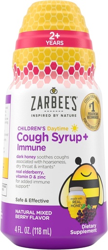[BRSW2CDQDIFQKELJ] Zarbee's Children's Daytime Honey Cough Syrup + Imun pentru copii 2+, Cough Syrup cu miere întunecată soothing, Real Elderberry, Vitamina D & Zinc, Drug & Alcohol-Free, Mixed Berry, 4 fl. oz