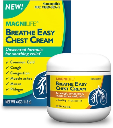 [BRSWEBI7AEMRA23L] MagniLife Breath Easy Chest Cream, 4 oz, Cough & Muscle Pain Relief Cream for Adults, Chest Rub for Mucus Removal and Nasal Congestion Relief, Natural Topical, Unscented