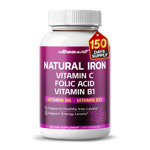 [BRSRAGAPOZ6QOHTZ] Natural Iron High Potency with Vitamin C, Folic Acid - High-Absorption Formula Vitamin B1, Vitamin B6, Vitamin B12 - Support Blood Building - 150 Count