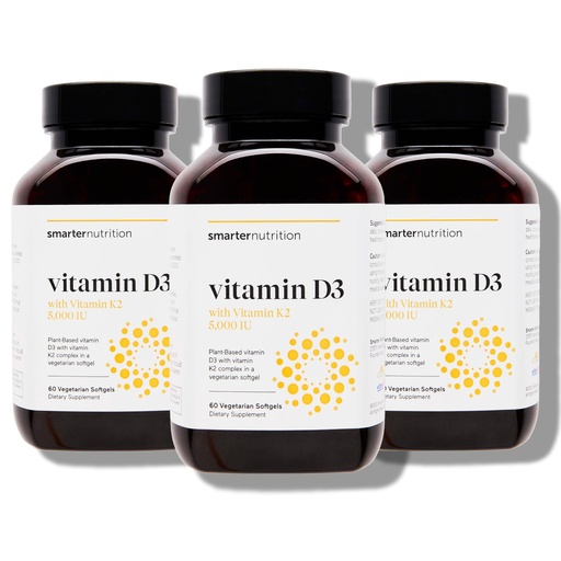 [BRSWGZLRCAAWOFLV] SMARTERNUTRITION Vegan Vitamin D3 5000 IU + Natural Vitamin K2 1100 mcg in Organic Coconut & Olive Oil - D3 K2 Supplement for Immune & Bone Support - 180 Softgels[90 Day Supply]