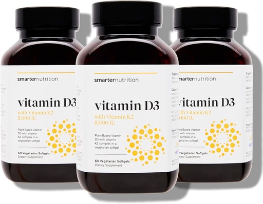 [BRSWGZLRCAAWOFLV] SMARTERNUTRITION Vegan Vitamina D3 5000 IU + Vitamina natural K2 1100 mcg en aceite de coco orgánico - D3 K2 Suplemento para Immune & Bone soporte - 180 Softgels[90 subministración]