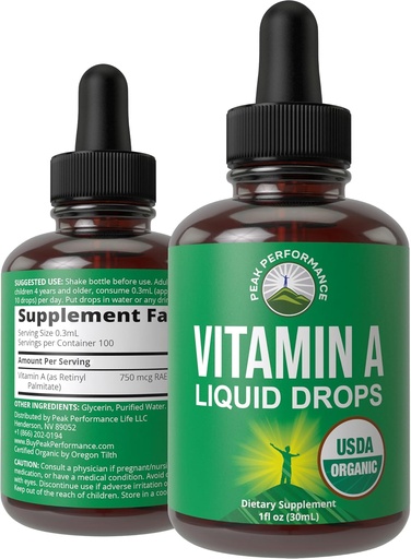 [BRSRMCYYOUPBUEYY] USDA Organic witaminy A Liquid Drops Supplement. Wysoka dostępność biologiczna dla oczu, skóry i kości. Dla dorosłych, mężczyzn, kobiet, dzieci. Organic VIT A Oil Retinyl Palmitate. Gluten Free, Zero Sugar