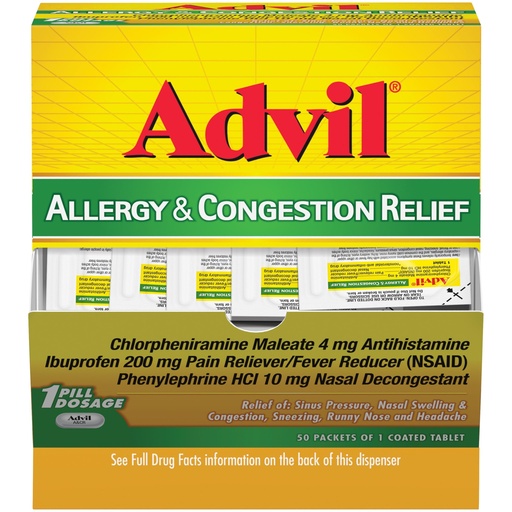[BRSWIEYYBAHAI3LC] Advil Allergy and Congestion Relief Tablets, Pain Reliever, Fever Reducer and Allergy Relief with Ibuprofen, Phenylephrine HCl and Chlorpheniramine Maleate 4 mg - 50 Coated Tablets