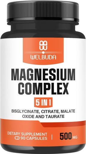[BRSROFQOBZ5BG3Q4] 5in1 Magnesio Suplemento Complejo con 20% Purificado - 500 mg de Magnesio Bisglycinate, Citrate &amp; Más para el musculo, Relajación Mood, Bone Health &amp; Más - 90 cápsulas