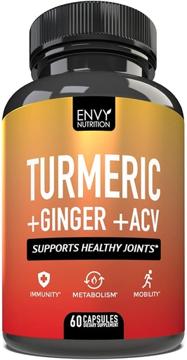 [BRSWY23RC4NGGGY3] Envy Nutrition Turmeric & Ginger Supplement Capsules avec vinaigre de cidre de pomme - Amélioration de l'immunité et du métabolisme Support - 95% Curcuminoïdes, Bioperine (Pepper noir) pour Absorption Supérieure - 60 Caps