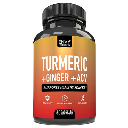 [BRSWY23RC4NGGGY3] Envy Nutrition Turmeric & Ginger Supplement Capsules with Apple Cider Vinegar - Enhanced Immunity & Metabolism Support - 95% Curcuminoids, Bioperine (Black Pepper) for Superior Absorption - 60 Caps