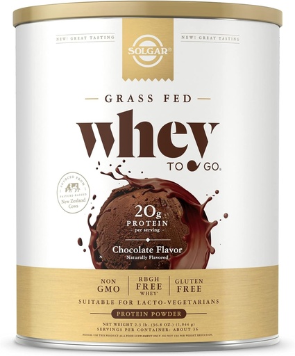 [BRSWIYAPBB4BS2DU] Solgar Grass Fed Whey to Go, Chocolate - 2.3 lb - Grass-Fed Whey Protein Powder - RBGH Free, Non-GMO, Gluten Free - 36 portioner