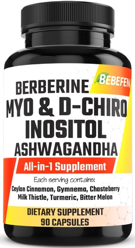 [BRSRAAILDEPBE33P] Myo-Inositol & D-Chiro Inositol Capsules with Ashwagandha, Berberine, Cinnamon, Gymnema, Chasteberry, Milk Thistle, Turmeric, Bitter Melon - 90 Capsules