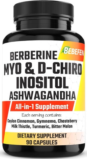 [BRSRAAILDEPBE33P] Myo-Inositol&D-Chiro Inositolカプセル with Ashwagandha, Berberine, Cinnamon, Gymnema, Chasteberry, Milk Thistle, ターメリック, ビターメロン - 90カプセル