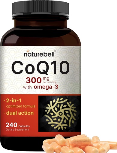 [BRSROHYCOACRMHTH] NatureBell CoQ10 300mg with Omega 3, 240 Capsules - 120 Day Supply | Stable High Absorption Form – Antioxidant Support for Heart & Energy Health – Extra Strength Coenzyme Q10 Supplement