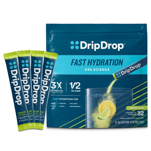 [BRSROBQBDEPQ42AZ] DripDrop Hydration Packets - Lemon Lime - Single Serve Electrolytes Powder Drink Mix - Non-GMO, Gluten Free, Vegan - 32 Sticks