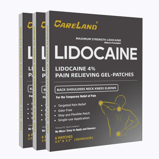 [BRSRMZALOYHQK3DV] CARELAND Lidocaine Gel Patch, 18 Count Maximum Strength Pain Patches for Muscle Relief in Neck Knee Back and Shoulders Unscented Numbing Patch for Soothing Nerves, Joints