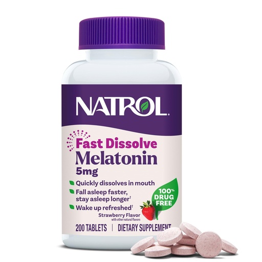 [BRSWGAL2PMFGCDT2] Natrol Melatonin 5mg Fast Dissolve Tablets, Sleep Support Supplements for Adults, Strawberry Flavor, 200 Tablets, Up to 200 Day Supply