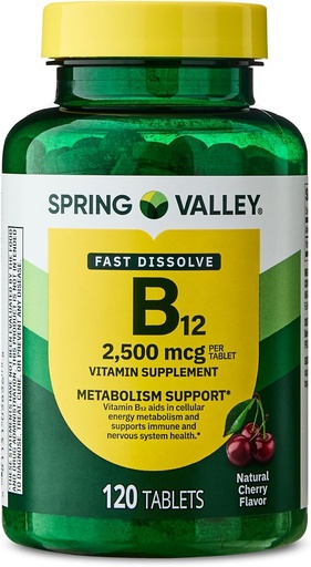 [BRSROBQZAUBRU2D4] Vitamin B12 Quick-Dissolve Tablets Dietary Supplement, 2,500 Mcg, Cherry, 120 Count and Portable Pill Container (2 Items)