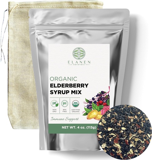 [BRSRMFADDEDQM3Q2] Elanen Naturals Organic Elderberry Syrup Kit, Makes up to 24 oz, Includes Natural Cotton Brew Bag, USDA Certified Organic Dried Elderberries and Immune Support Herbs, Bulk Kit, 4 oz. (113g)