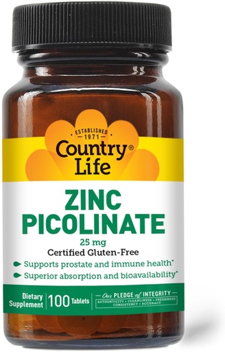 [BRSWIY3QAQPQYEL6] Country Life Zink Picolinate 25 mg - Superior Absorption Zink supplement til immunforsvar, prostata sundhed & cellular wellness - Certified Gluten- Free, Vegan & Halal, Non- GMO - 100 Tabletter