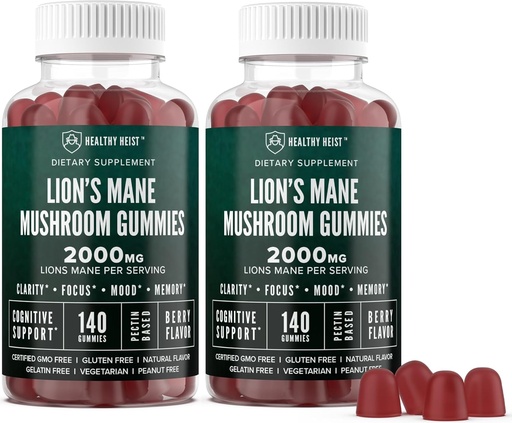 [BRSRAED7OUNGY3DF] Lions Mane Mushroom Gummies for Adults, 280 Comte Bulk Lion's Mane Chewables, High Potency 10:1 Extrait biologique est de 2000mg, Supplément soutient la clarté mentale, Focus, Mood et Brain Fog, 2 Pack