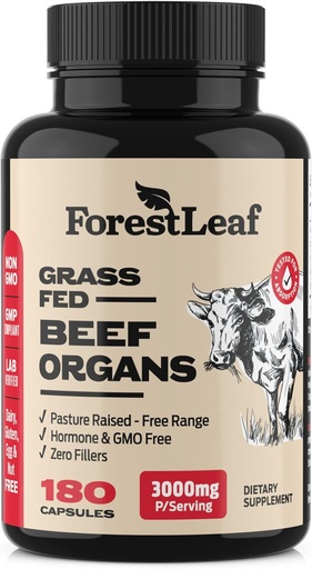 [BRSROZD6OICRGF3A] ForestLeaf Beef Organ Supplement - Grass Fed & Pasture Raised - Total Body Wellness & Performance, Organ Complex with 3000mg of Desiccated Beef Liver, Heart, Kidney, Pancreas, Spleen (180 Capsules)