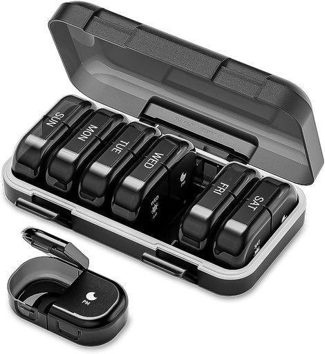 [BRSRAEAKAQDWG3YY] Weekly Pill Organizer 2 Times a Day, AM PM Pill Organizer 7 Days, Portable Pill Case 14 Days, Moisture Proof Large Pill Dispenser, Large Travel Pill Box for Vitamins Supplements (Black)