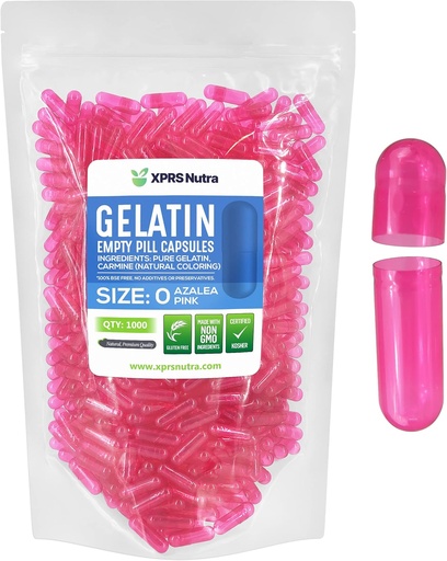 [BRSWYY3RPN6GADTO] XPRS Nutra Size 0 Empty Capsules - 1000 Count Empty Gelatin Capsules - Pills DIY Capsule Filling - Pure Bovine Pill Gel Caps for Do-It-Yourself Supplements (Azalea Pink)