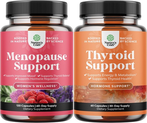 [BRSROCA3DMNGYCA3] Pacote de suplemento completo de menopausa de ervas para mulheres para suores noturnos Humor 120ct e Herbal Thyroid Support Complex - Melhorador de humor Suplemento de energia para a saúde da tireóide