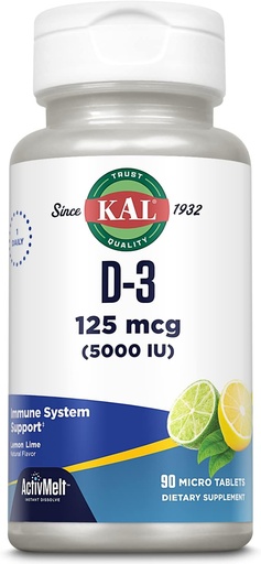 [BRSWGZ36CR4BUCD6] KAL Vitamin D-3 5000 IU ActivMelt, Instant Dissolve, Natural Lemon Lime Flavor, Healthy Immune Function " Bone Support, 90 Servings, 90 Micro Tablets