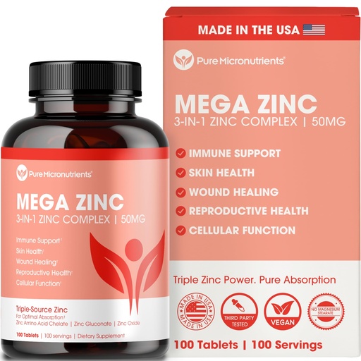 [BRSWYZA6DIMAKYL3] Mega Zinc Supplement, 50mg, 3-in-1 Zinc Complex, 100 Tablets - Pure Micronutrients
