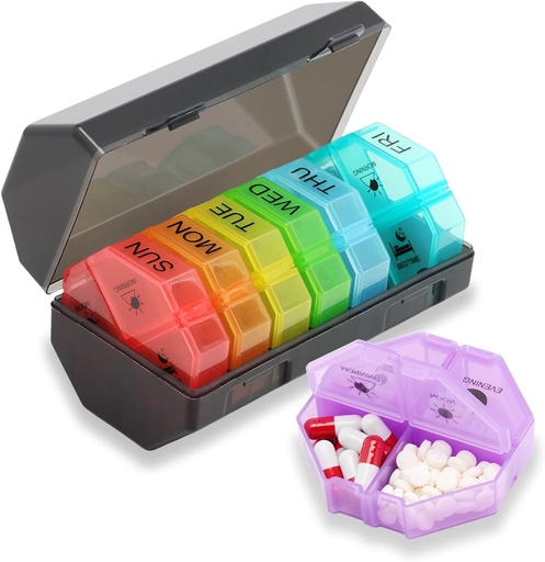 [BRSRAYA6AUPA2HQ7] Weekly Pill Organizer and Planner，Pill Case Box Design and Large Compartment, Vitamins, Cod Liver Oil，Supplements and Medication (Gray Rainbow)