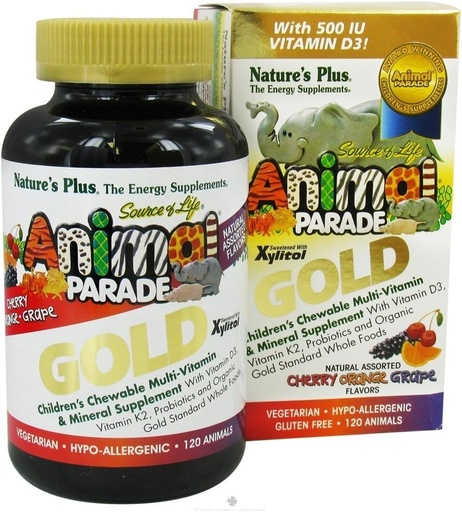 [BRSWKF36BN4AIE3K] NaturesPlus Animal Parade Gold Children's Multivitamin - Assorted Cherry, Orange & Grape Flavors - 120 Animal-Shaped Chewable Tablets, Pack of 2 - Vegan, Gluten Free - 120 Total Servings