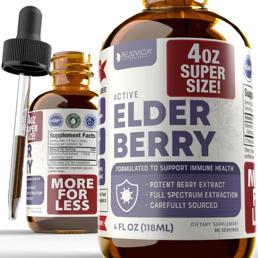 [BRSROAIQAENWAEI7] Rejuvica Health Active Elderberry 4oz XL Super Size - Advanced Elderberry Liquid Extract - Immune Support Drops - Vegan Sugar Free Non GMO Tincture