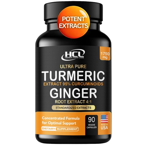 [BRSWYZYLPMCGC233] Turmeric Curcumin with Ginger – 1750mg High-Potency Formula with 95% Standardized Curcuminoids and Ginger Extract – Black Pepper for Enhanced Absorption – 60 Vegan Capsules