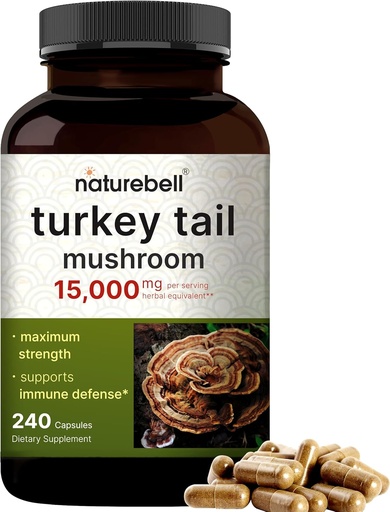 [BRSRAYAPC4NQIFI4] NatureBell Turkey Tail Mushroom Capsules 15,000mg Per Serving, 240 Count | 25:1 Fruiting Body & Mycelium Extract – Immune & Brain Health Mushrooms Supplement