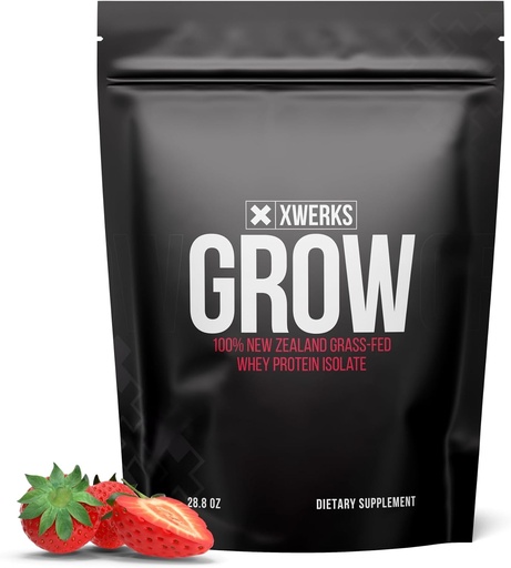 [BRSWYHQTCEBRY33F] Xwerks Grow 100% New Zealand Grass Fed Whey Protein, 25g Pure Isolate Protein Powder Per Serving, All Natural Paleo and Keto Friendly, Soy Free Gluten Free Easy to Digest, Strawberry, 30 Servings