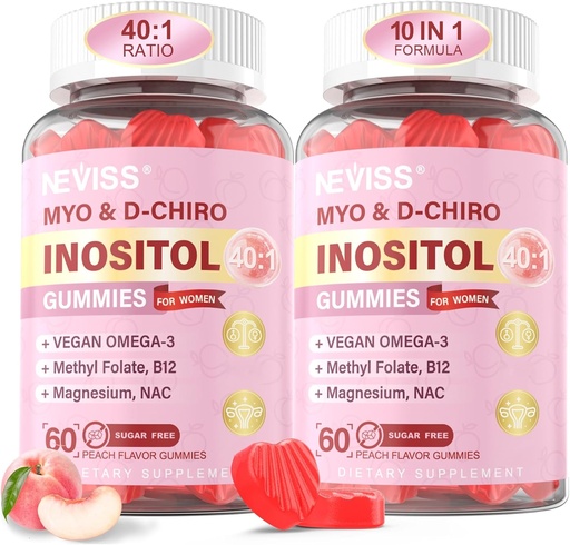 [BRSRAGQOA4HGMDQ6] Myo-Inositol & D-Chiro Inositol Gummies for Women 2000mg + 50 mg, 40:1 Ratio Inositoli ja Vegan Omega-3 + D3, magnesium Glycinate, Metyylifosaatti + B12 naisten terveys ja hyvinvointi, sokeriton, 120 Cts