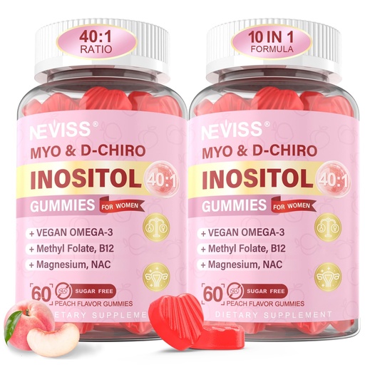 [BRSRAGQOA4HGMDQ6] Myo-Inositol & D-Chiro Inositol Gummies for Women 2000mg + 50mg, 40:1 Ratio Inositol with Vegan Omega-3 + D3, Magnesium Glycinate, Methyl Folate + B12 for Female Health & Wellness, Sugar Free, 120 Cts