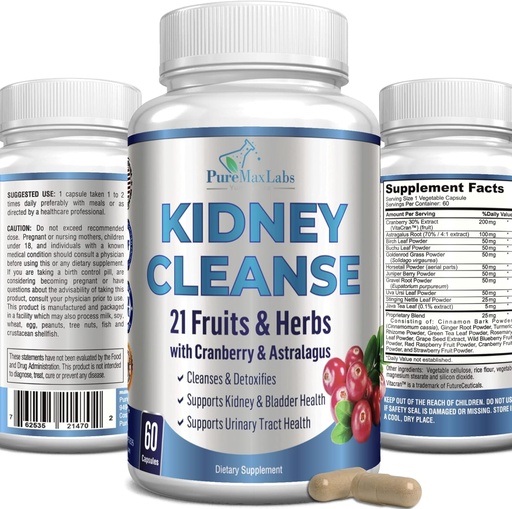 [BRSW2EITPMAW2EY6] Herbal Kidney Cleanse with Cranberry Extract, Astralagus - 21 Fruits & Herbs - Detox & Cleanse Urinary Tract & Bladder Health, Kidney Support, 60 Vegan Capsules