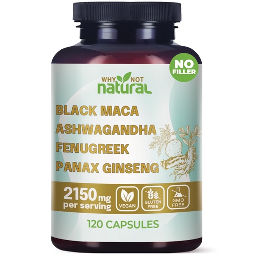 [BRSROZAFOB5AKET5] Why Not Natural 4-in-1 Organic Black Maca Root, Ashwagandha, Fenugreek, Panax Ginseng Capsules, Supplement for Men and Women