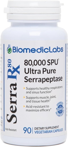 [BRSWG2TYAEGQ2DY7] Serra-RX 80,000 SPU Serrapeptase - Acid-Resistant Proteolytic Systemic Enzyme, Non-GMO, Gluten Free, Vegan, Supports Sinus & Lung Health, 90 Veg Capsules