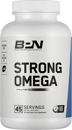 [BRSW2CQZBYJQMFLK] BARE PERFORMANCE NUTRITION, BPN Strong Omega Fish Oil Soft Gel, 1290mg Fish Oil per Capsule, Wild Caught Fish, Sustainably Sourced, IFOS Certified