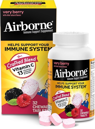 [BRSWIZYOBUIWG2DM] Airborne Vitamin C 1000mg (per Serving) Very Berry Chewable Tablets (32 Count in a Box), Gluten-Free Immune Support Supplement, with Vitamins A C E, ZINC, Selenium, Echinacea & Ginger, Antioxidants