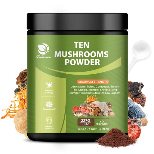 [BRSROCD7DINRUHQU] 14 in 1 Mushroom Powder for Coffee Cooking, 8 oz perretxiko osagarria Lions Mane, Chaga, Reishi, Turkey Tail, Cordyceps perretxikoak erauzteko hautsa, etab.